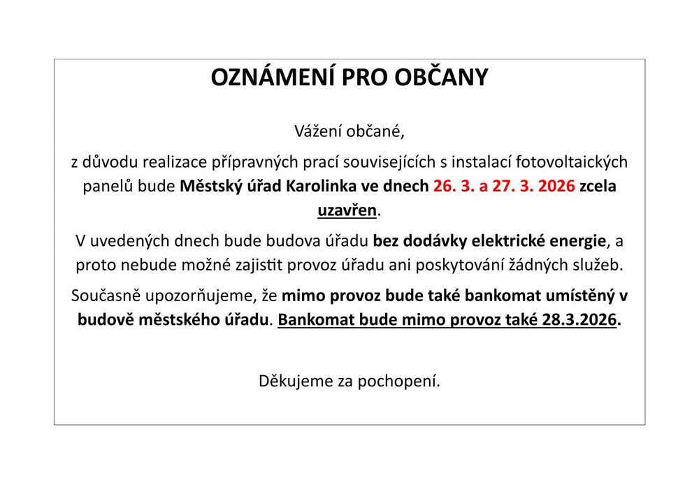 Oznámení Městského úřadu Karolinka