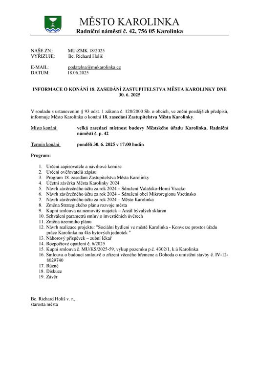 Informace o konání 18. zasedání zastupitelstva