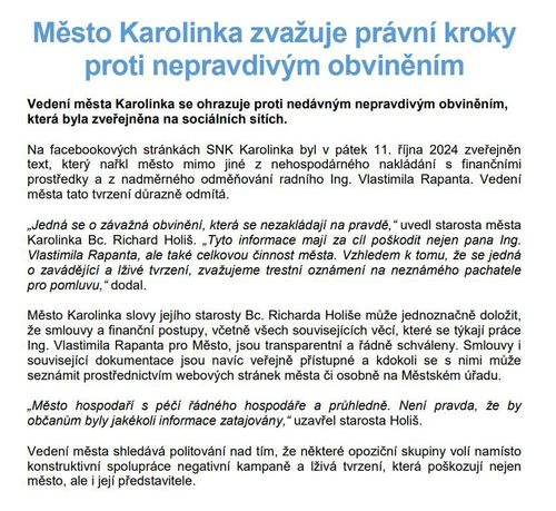 Město Karolinka zvažuje právní kroky proti nepravdivým obviněním