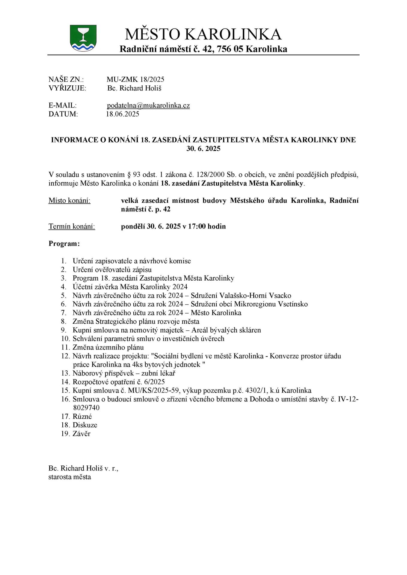 Informace o konání 18. zasedání zastupitelstva