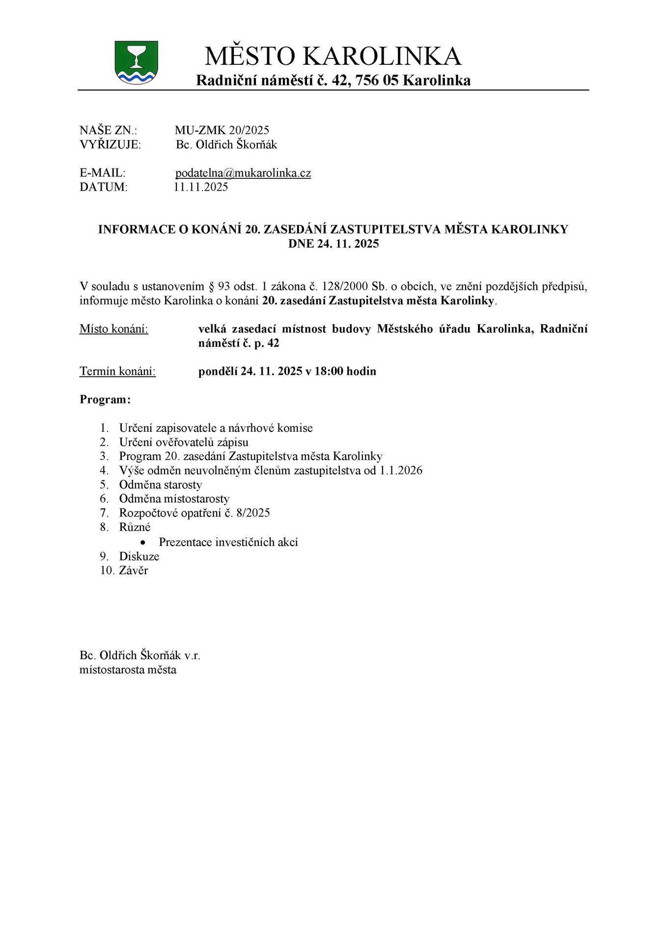 Informace o konání 20. zasedání Zastupitelstva města