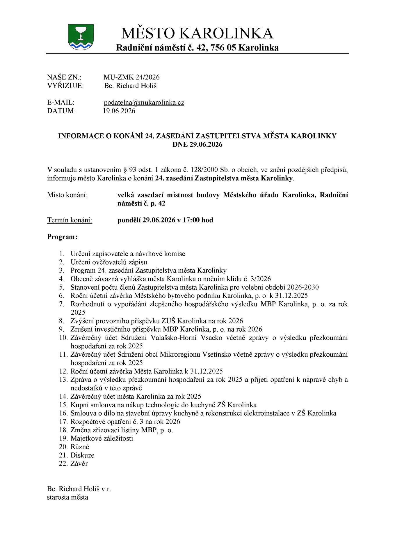 Informace o konání 24. zasedání Zastupitelstva města