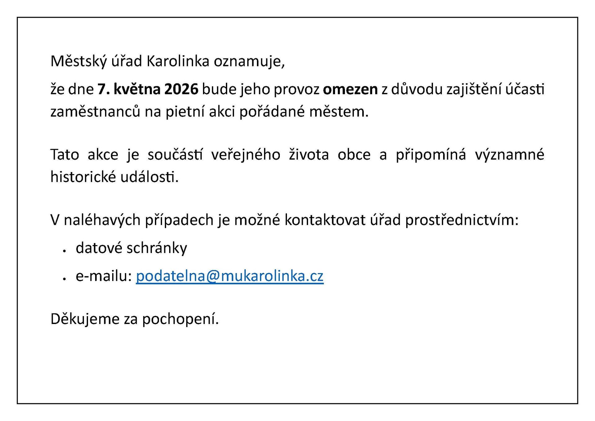 Oznámení Městského úřadu Karolinka